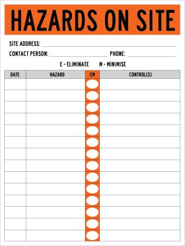 HAZARDS ON SITE BOARD